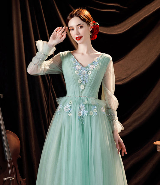Green tulle lace long prom dress green evening dress 10535