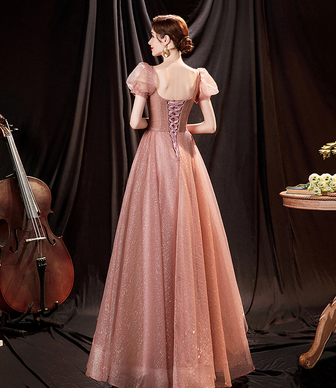 Pink tulle sequins long prom dress pink evening dress 10650