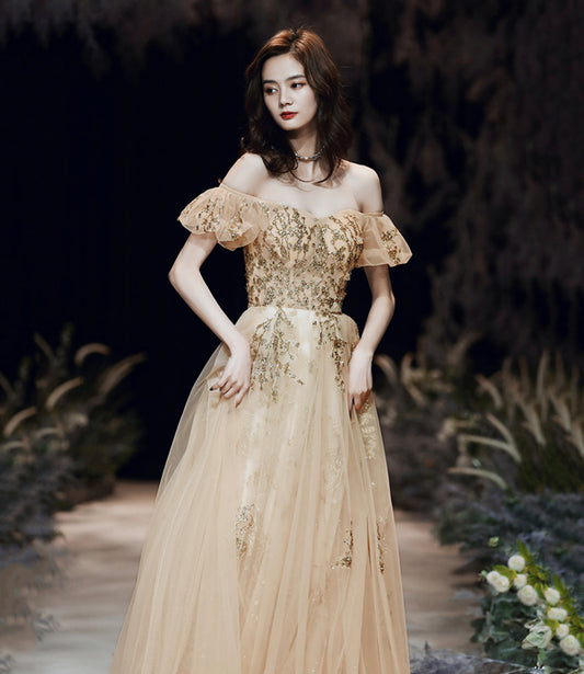 Gold sequins long prom dress A line evening dress 10484