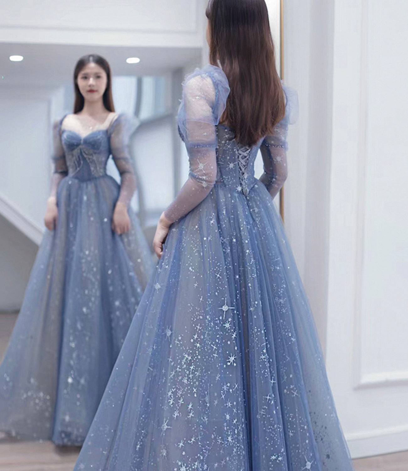 Blue tulle beads long prom dress A line evening dress 10402