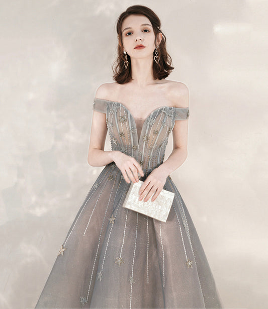 Gray tulle sequins long prom dress with star 10545