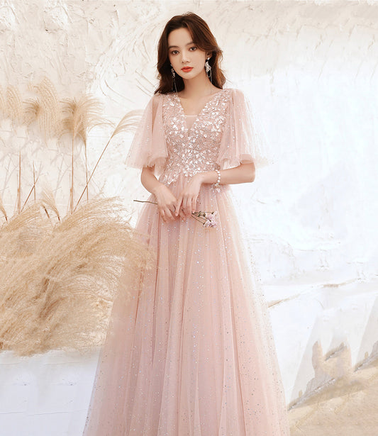 Pink tulle lace long prom dress pink evening dress 10525