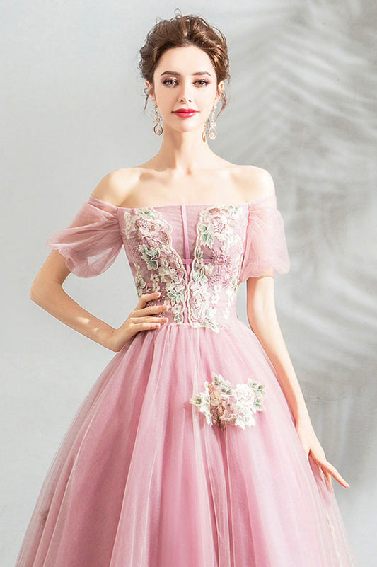 Pink tulle lace long prom dress evening dress 10623