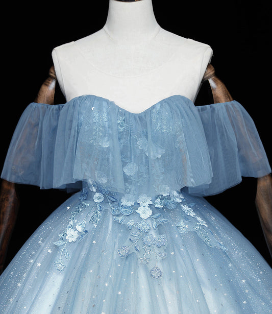 Blue tulle lace long ball gown dress A line formal dress 10461