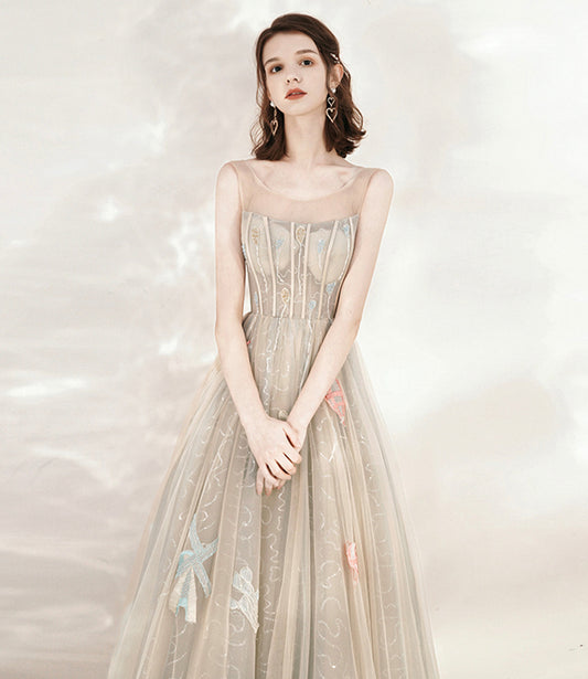 Champagne tulle sequins long prom dress evening dress 10542
