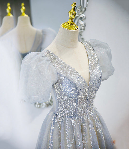 Gray tulle beads long prom dress A line evening gown 10488