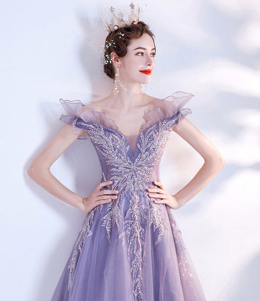 Purple tulle sequins long prom dress A line evening dress 10463