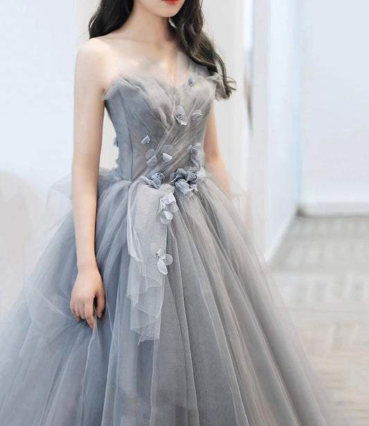 Gray tulle applique long prom dress A line evening gown 10485