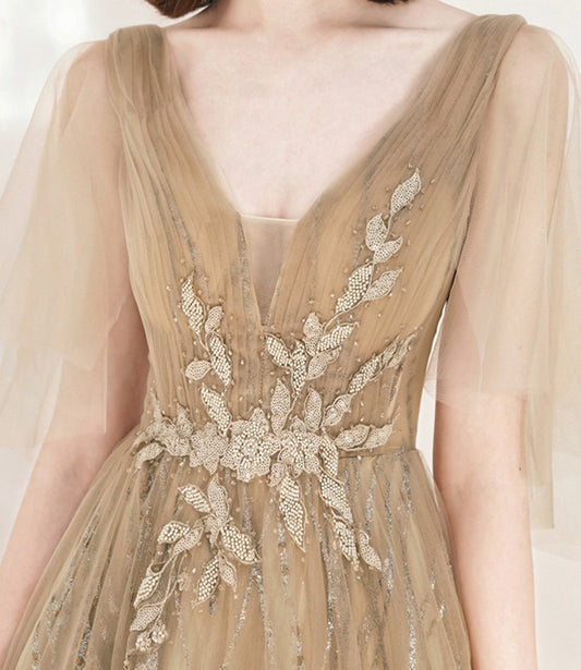 Champagne tulle sequins long prom dress A line evening dress 10548
