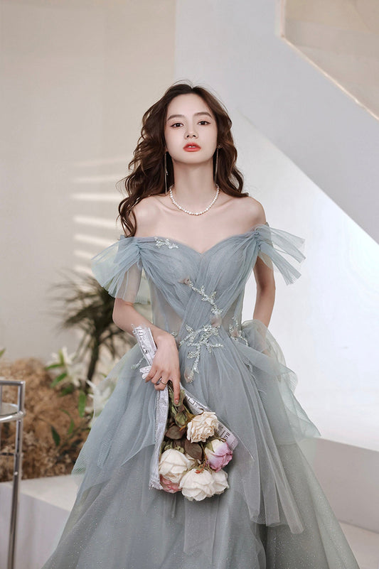 Gray tulle sequins long prom dress A line evening dress 10646