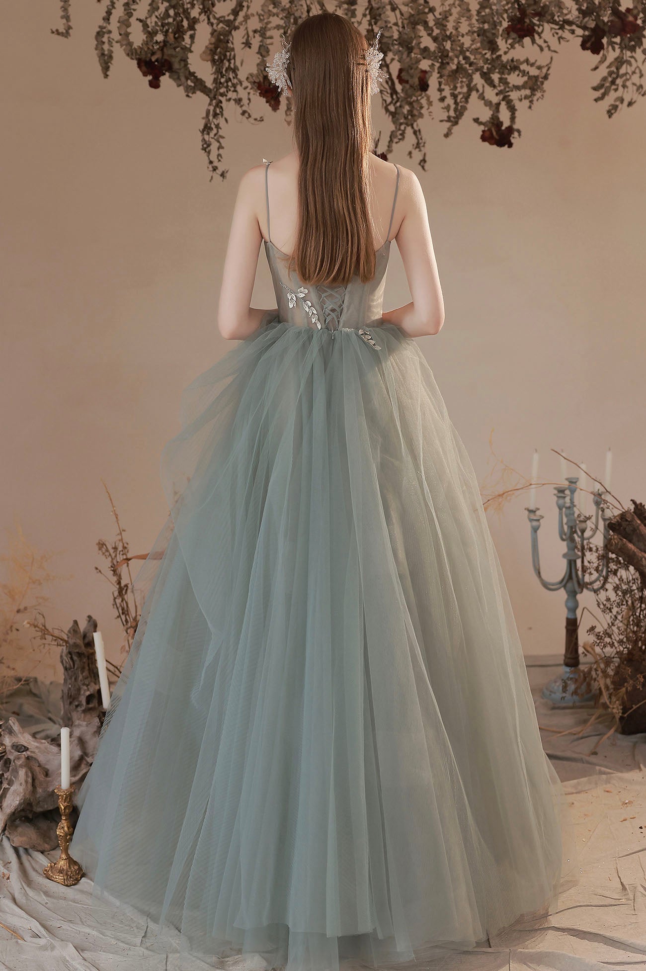 Cute tulle long A line prom dress evening dress 10645