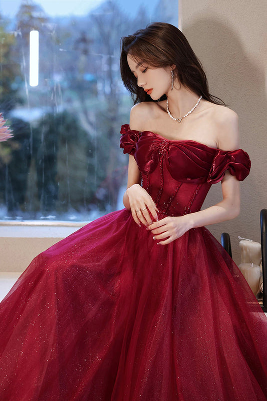 Burgundy tulle beads long prom dress evening dress 10584