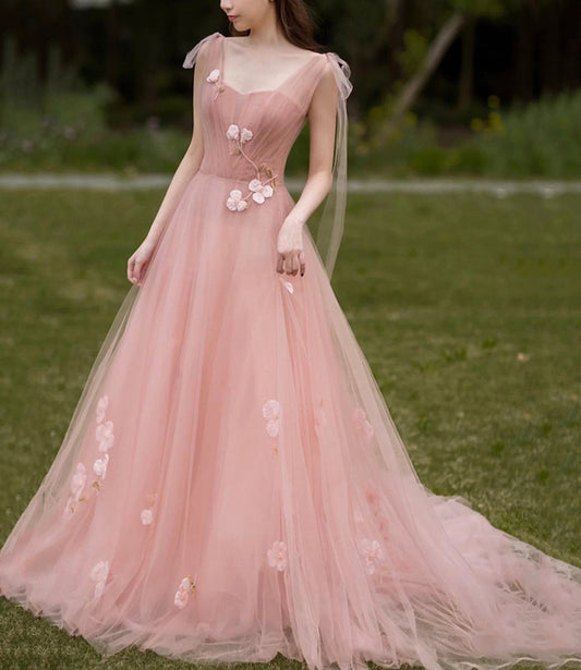 Pink 3D Flowers Long Prom Dress A line Evening Dress 10466
