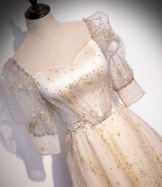 Champagne tulle sequins long prom dress A line evening gown 10327