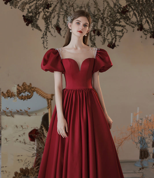 Burgundy satin long prom dress evening dress 10473