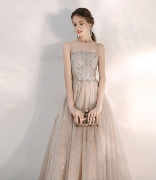 Champagne tulle sequins long prom dress A line evening dress 10472