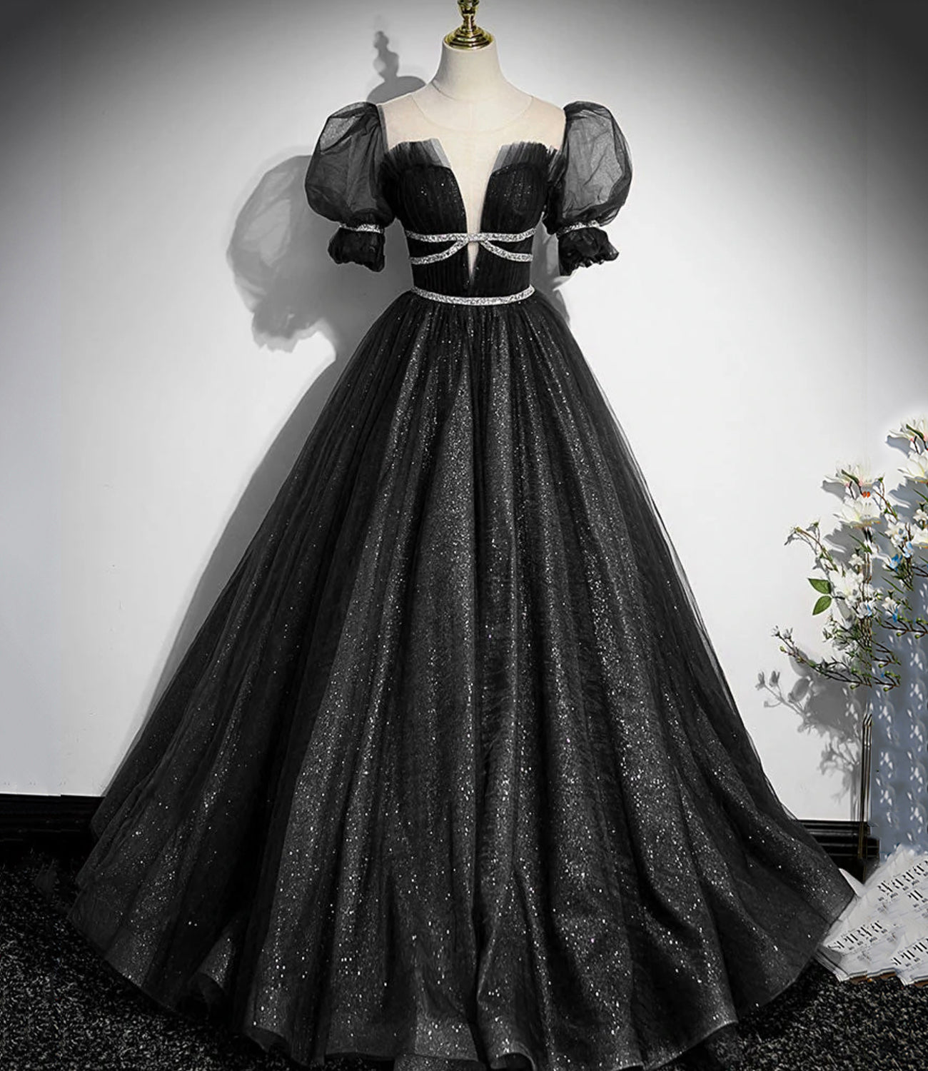 Shiny tulle sequins long prom dress A line evening gown 10380