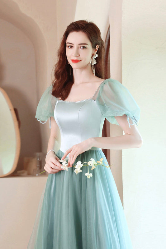 Green satin tulle long prom dress green evening dress 10618