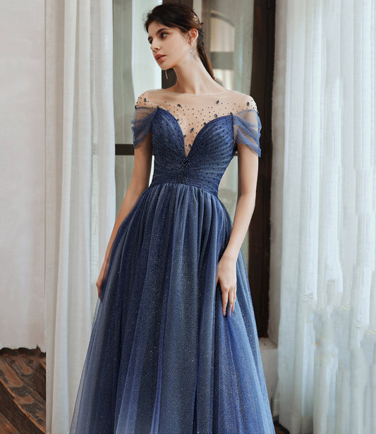 Blue tulle sequins long prom dress blue evening dress 10477