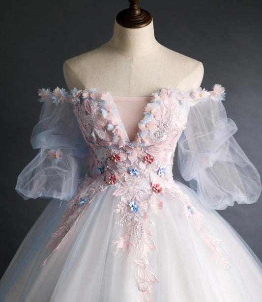 Cute tulle applique long prom gown A line evening gown 10260