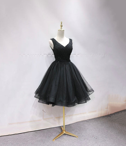 Black v neck beads short prom dress homecoming dress 10247