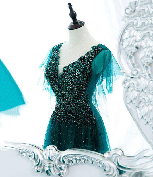 Green tulle beads long prom dress evening gown 10272