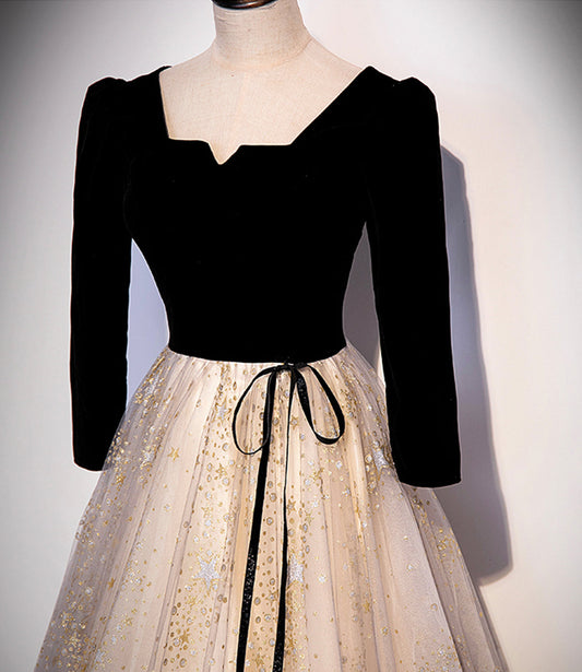 Black velvet tulle long prom dress A line evening gown 10237