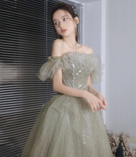 Green tulle sequins long prom dress A line evening dress 10225