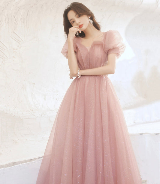 Pink tulle long prom dress pink evening gown 10258