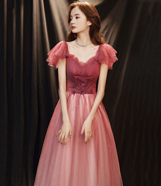 Burgundy tulle long prom dress A line evening gown 10256