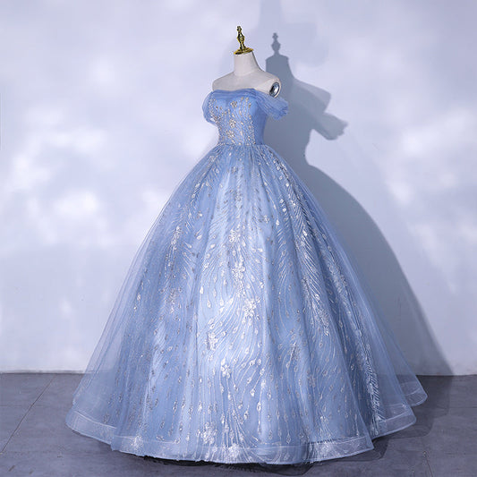 Blue tulle sequins long ball gown dress formal gown 10187