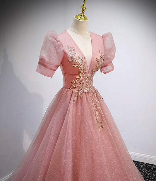 Pink tulle beads long prom dress A line evening gown 10162