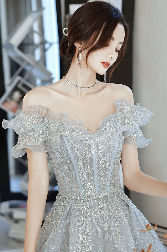Gray tulle beads long prom dress gray evening gown 10170