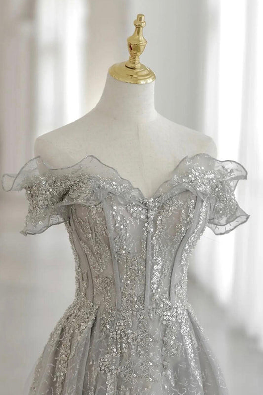 Gray tulle beads long prom dress evening gown 10174