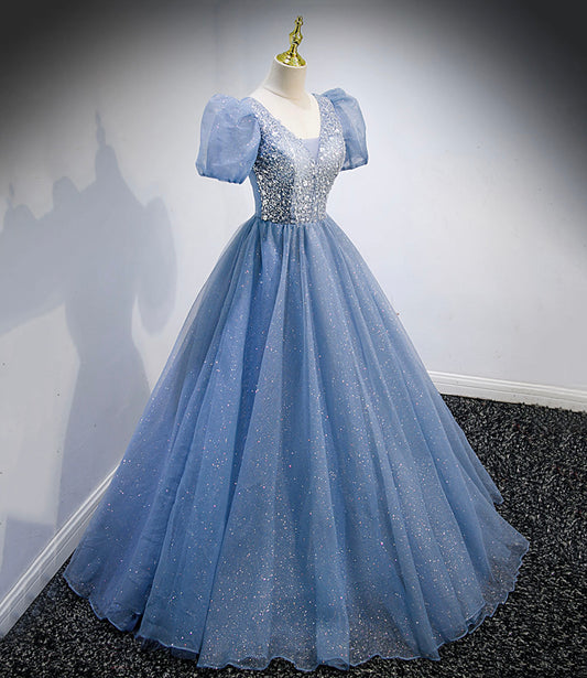 Blue tulle sequins long prom dress blue evening dress 10159