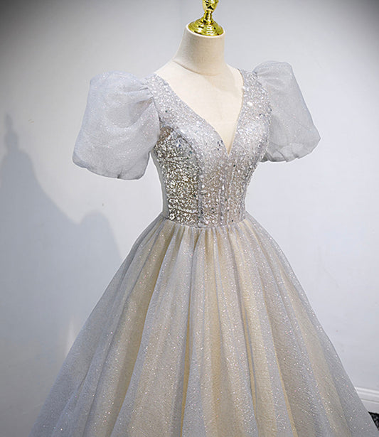 Gray tulle sequins long prom dress gray evening dress 10160