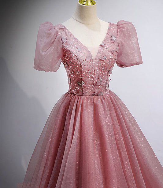 Pink tulle sequins long prom dress pink evening gown 10158