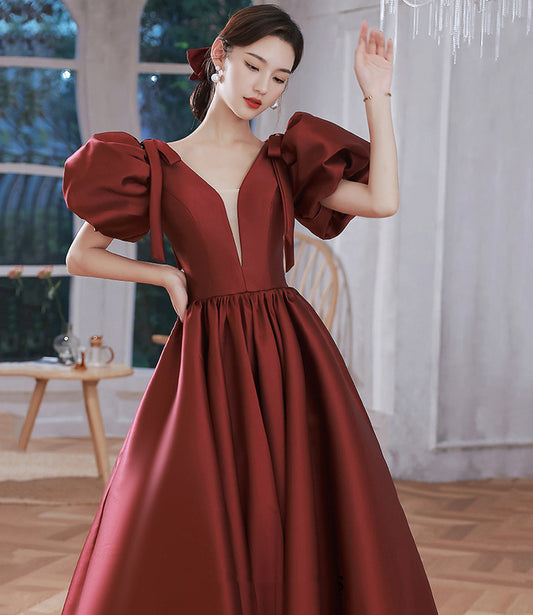 Burgundy v neck satin long prom gown A line formal gown 10212