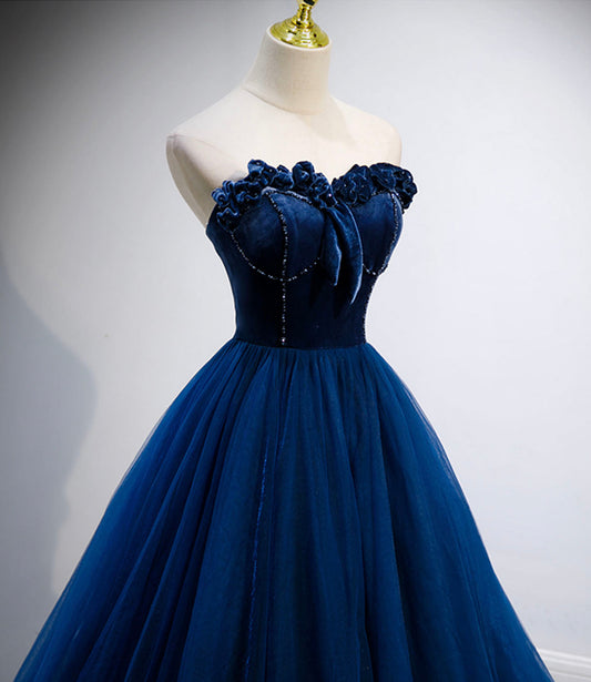 Blue velvet tulle long prom dress blue evening gown 10161