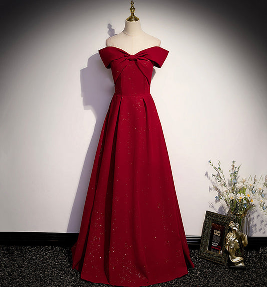 Burgundy satin long prom dress A line evening gown 10138