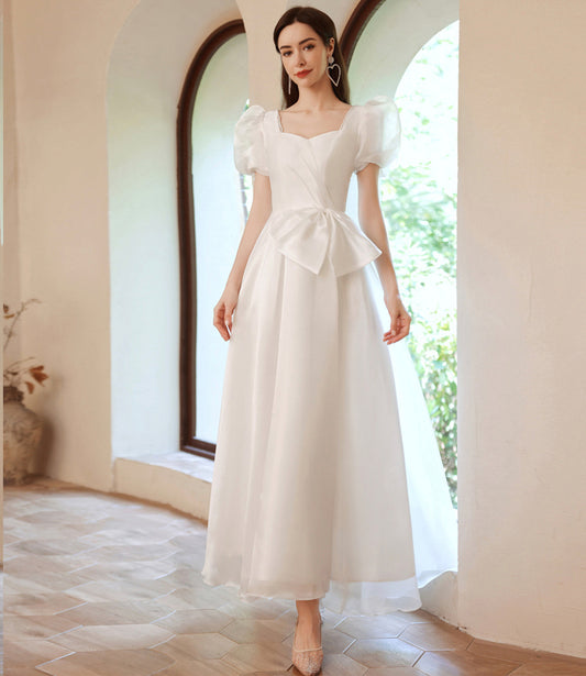 White tulle tea length prom dress white evening dress 10143