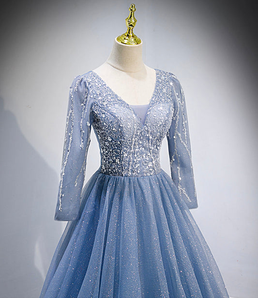 Blue tulle sequins long prom dress blue evening dress 10156