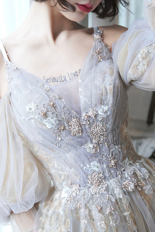 Cute tulle lace long prom dress A line evening dress 10171