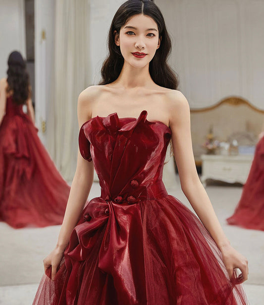 Burgundy tulle long prom dress A line evening dress 10146