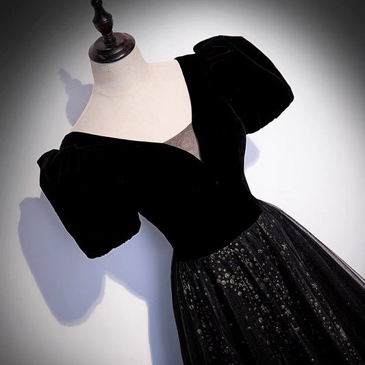 Black velvet tulle long prom dress A line evening gown 10106