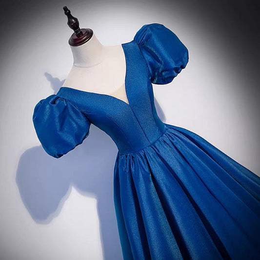 Blue saitn long prom dress A line evening gown 10102