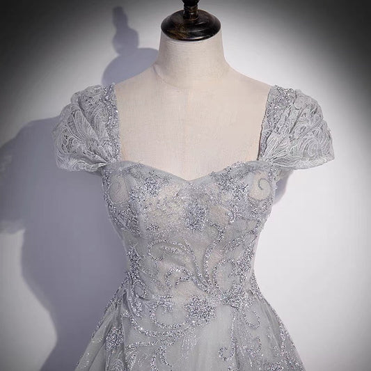 Gray tulle lace long prom dress A line evenig gown 10081
