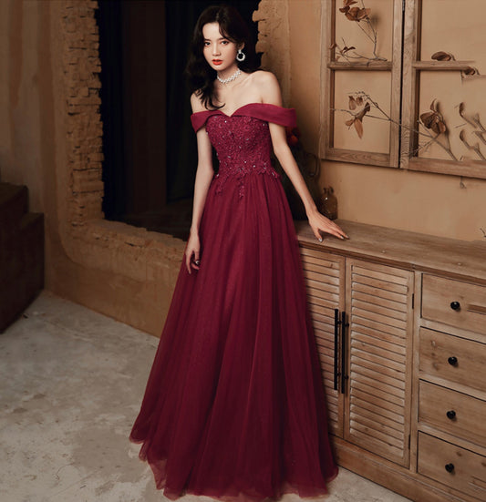 Burgundy lace beads long prom dress evening dress 10114