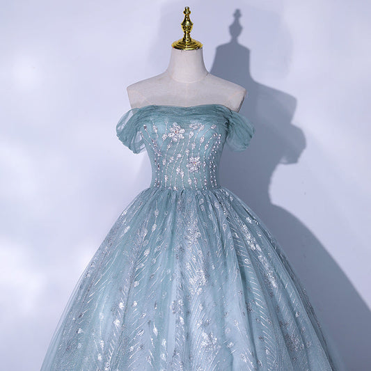 Blue tulle sequins long prom dress evening gown 10062