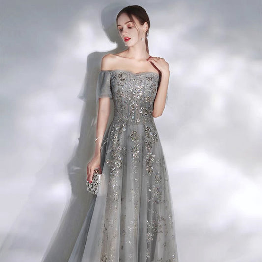 Gray tulle sequins long prom dress A line evening dress 10113